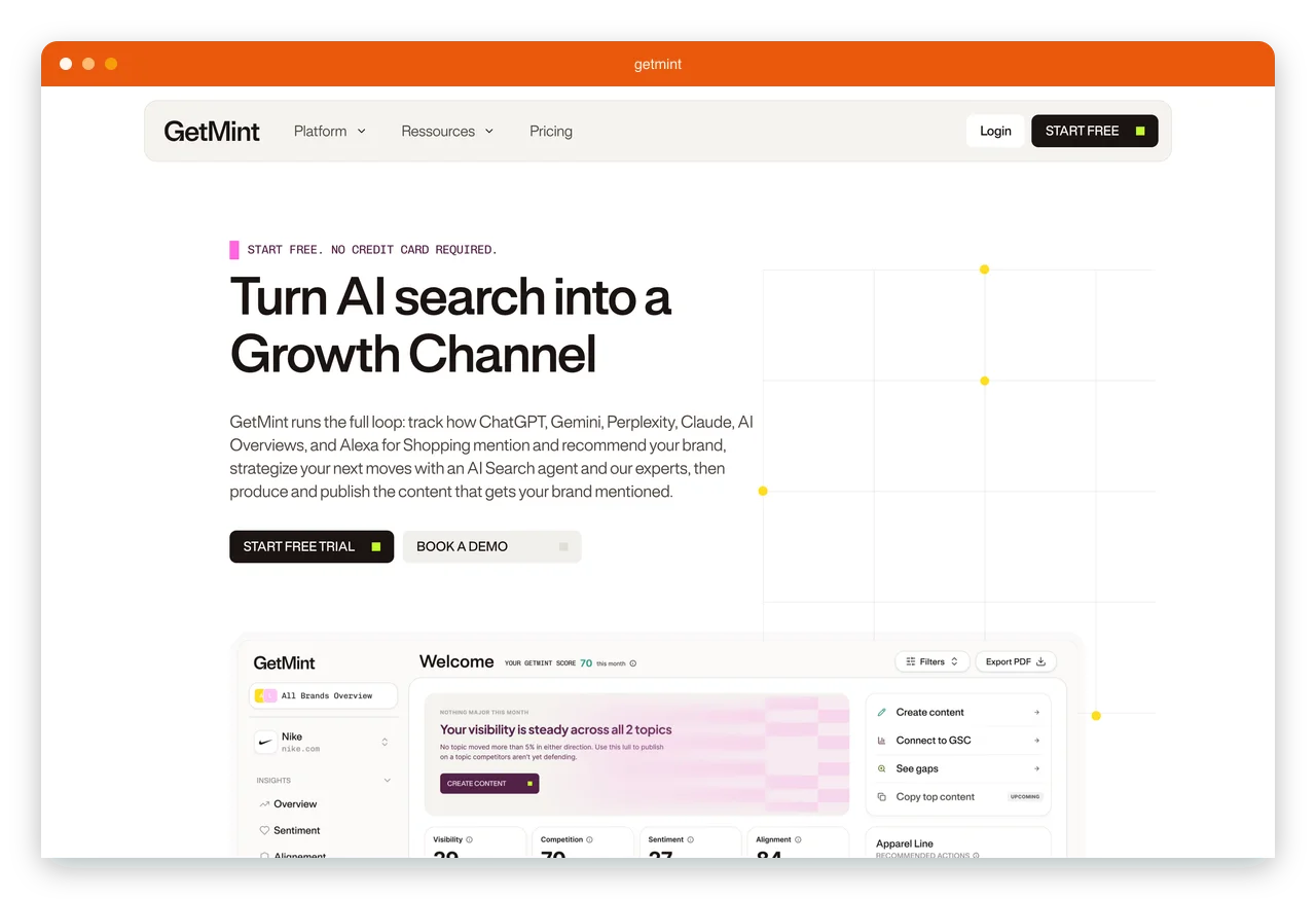 GetMint homepage showing AI-search visibility, strategy, and content actions in one platform