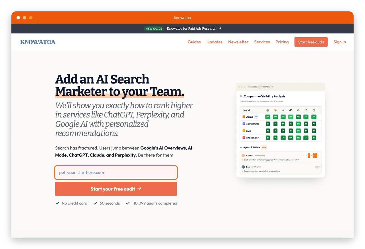 Knowatoa homepage promoting its AI search visibility tracking and optimization platform