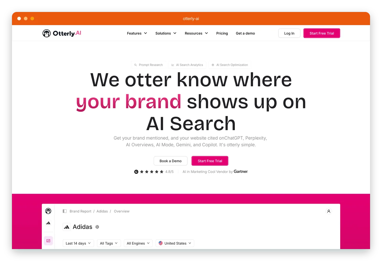 The Otterly.AI homepage presenting its AI search monitoring platform with brand citation tracking across ChatGPT, Perplexity, and Google AI Overviews