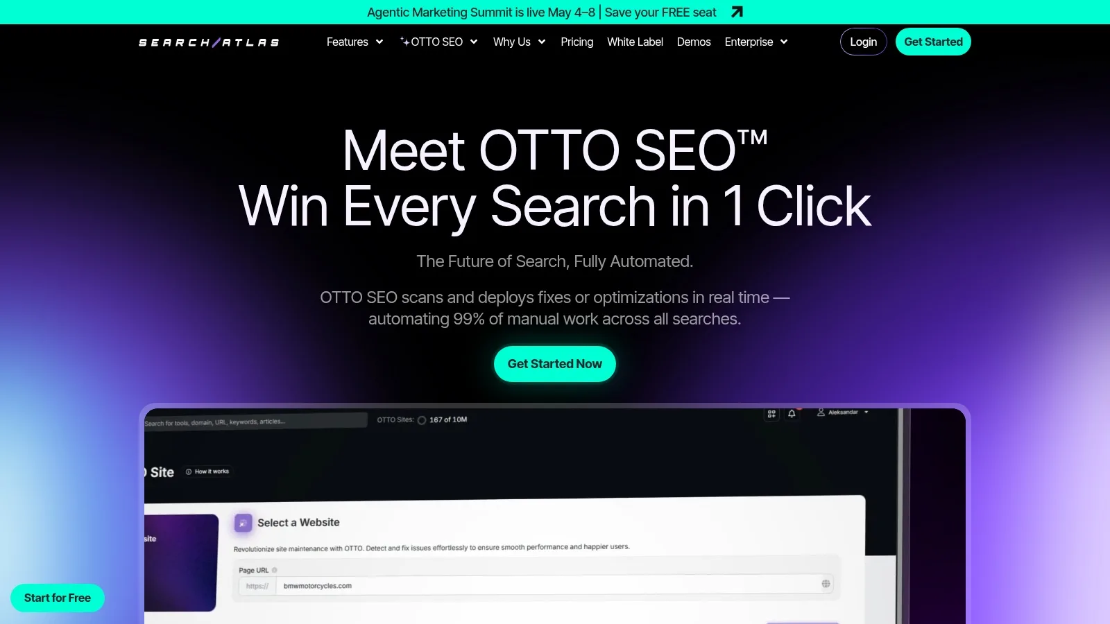 Otto SEO homepage from Search Atlas pitching agentic SEO automation that executes fixes for you