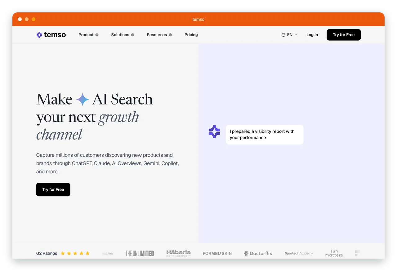 The Temso homepage showing the all-in-one AI SEO platform with visibility tracking across ChatGPT, Perplexity, Google AI Overviews, Gemini, and Copilot