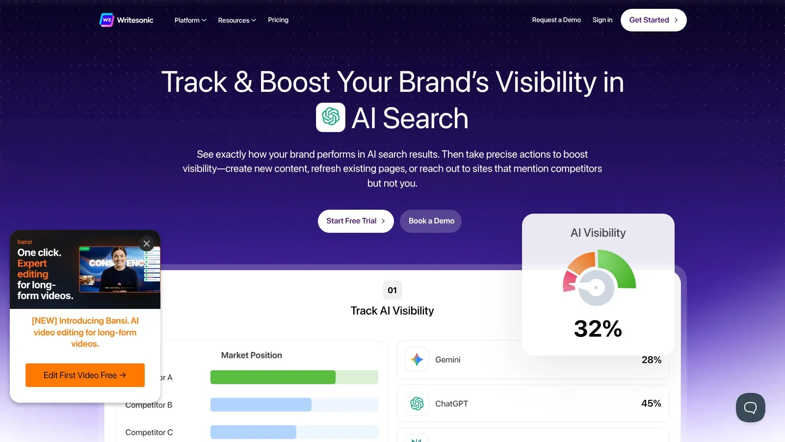 The Writesonic homepage promoting its AI SEO and GEO platform for content teams